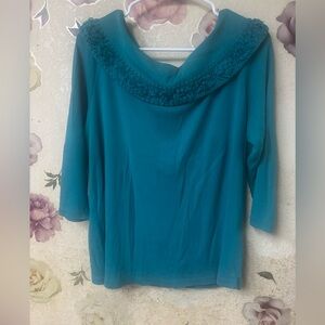 Rafaella Dark Teal Top with Ruffled Neckline